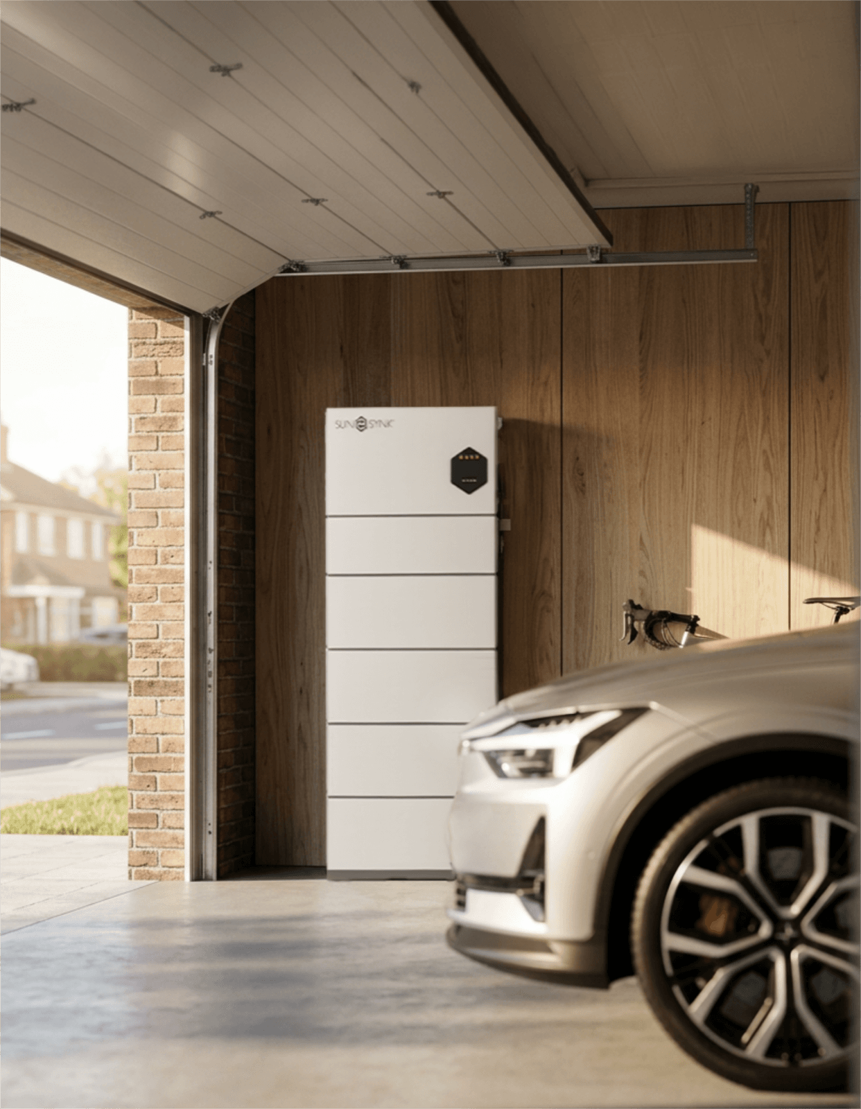 A Sunsynk stacked inverter and battery unit, wall-mounted in a garage (manufacturer render)